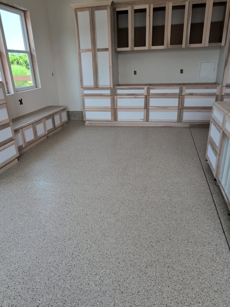Finished sewing room floor coating in McMinnville, OR with Shoreline flakes